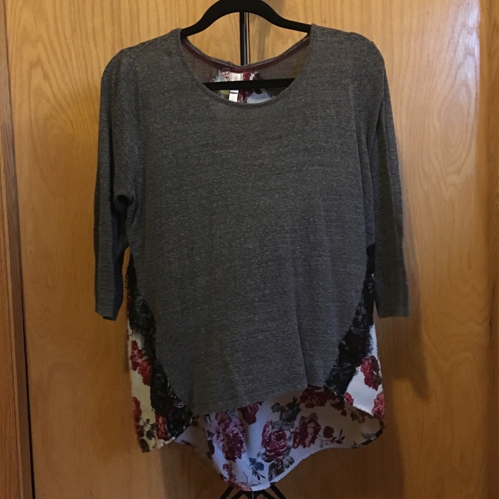 Grey Scoop-Neck Top with Floral and Lace Detailing
